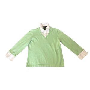 Vtg Van Heusen Layered Sweater Academia Collar Cuffs Green Y2k Women L‎ Preppy